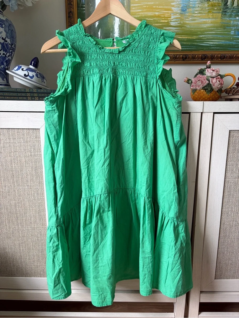 vestique Preppy Green Smocked Ruffle Neck Sundress-00A - Picture 3 of 6